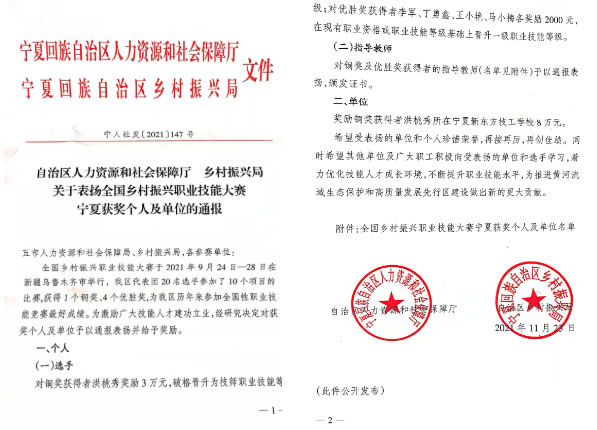 热烈祝贺！宁夏新东方技工学校在乡村振兴职业技能大赛荣获嘉奖